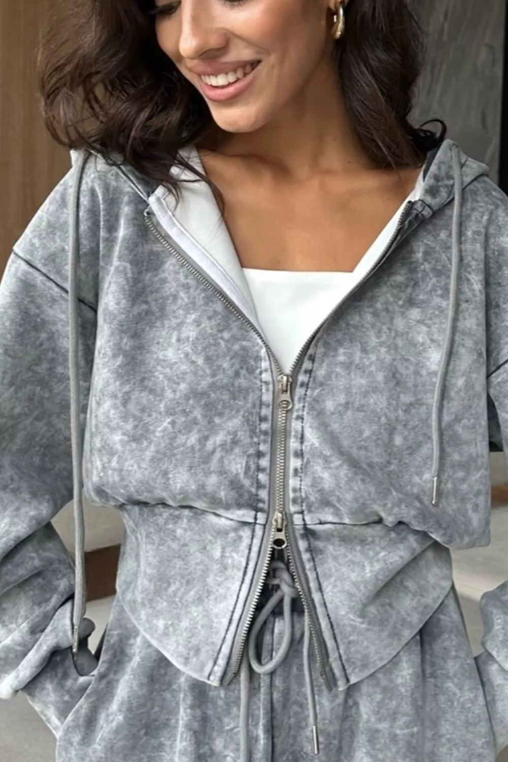 Acid Wash Zip-Up Hoodie and Wide-Leg Sweatpants Set, image 4