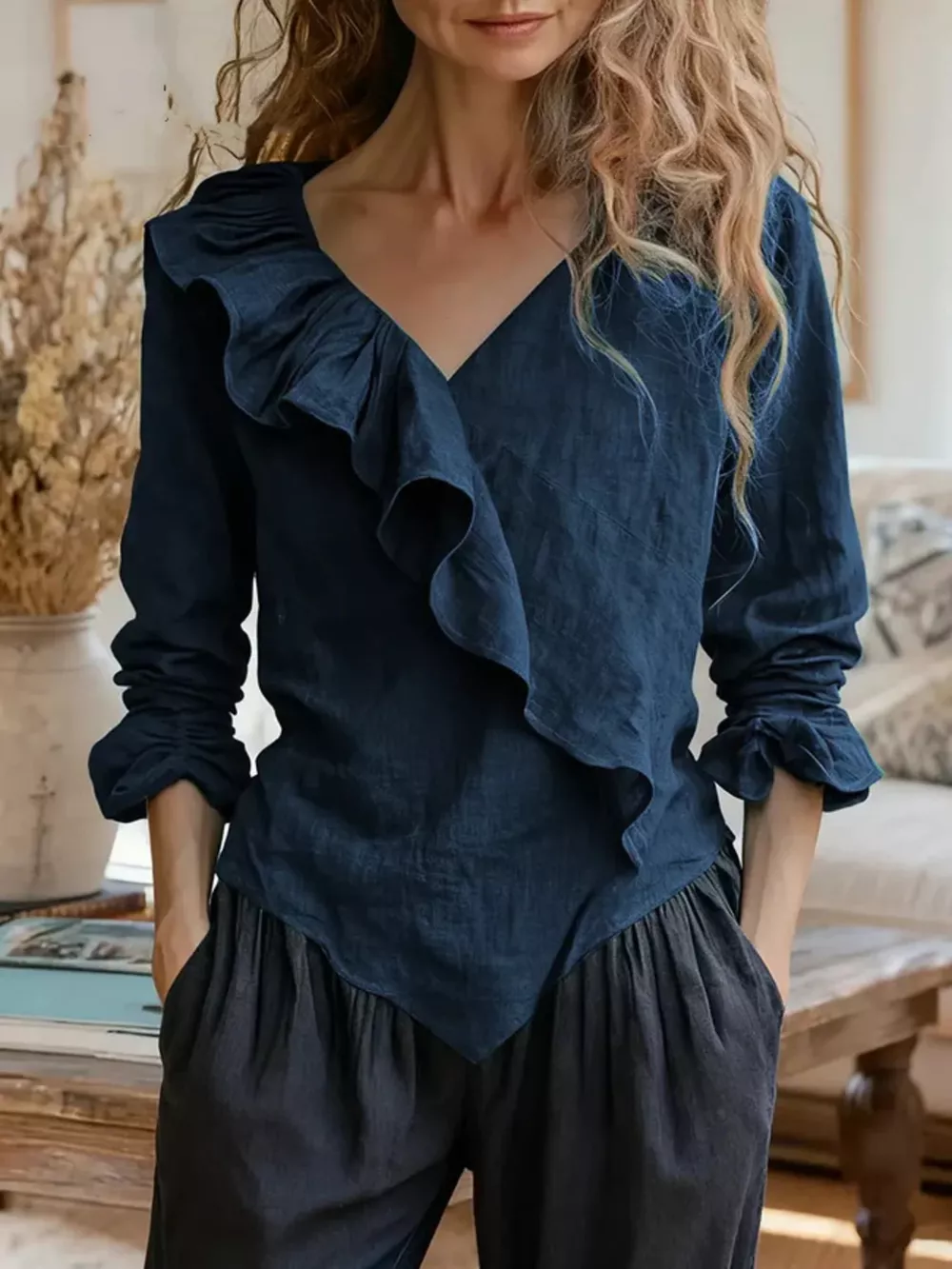V-Neck Ruffled Long Sleeve Blouse, image 13