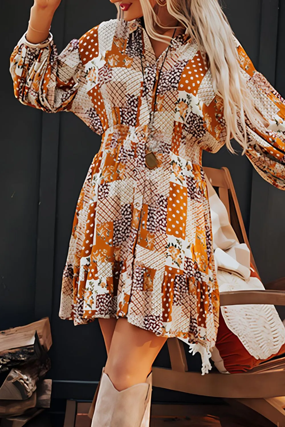 Printed Collared Neck Three-Quarter Sleeve Mini Shirt Dress, image 7