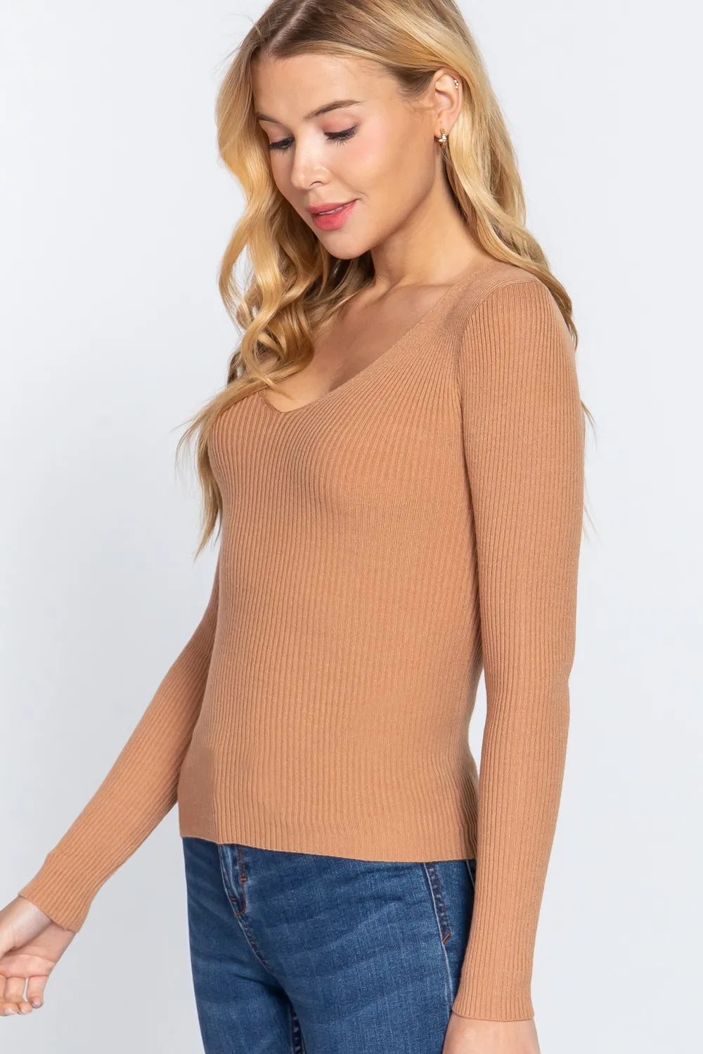 V-Neck Fitted Viscose Rib Knit Top, image 3
