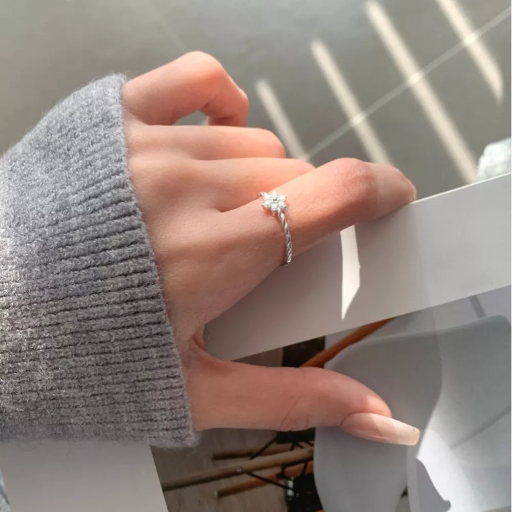 925 Sterling Silver Zircon Flower Open Ring, image 4