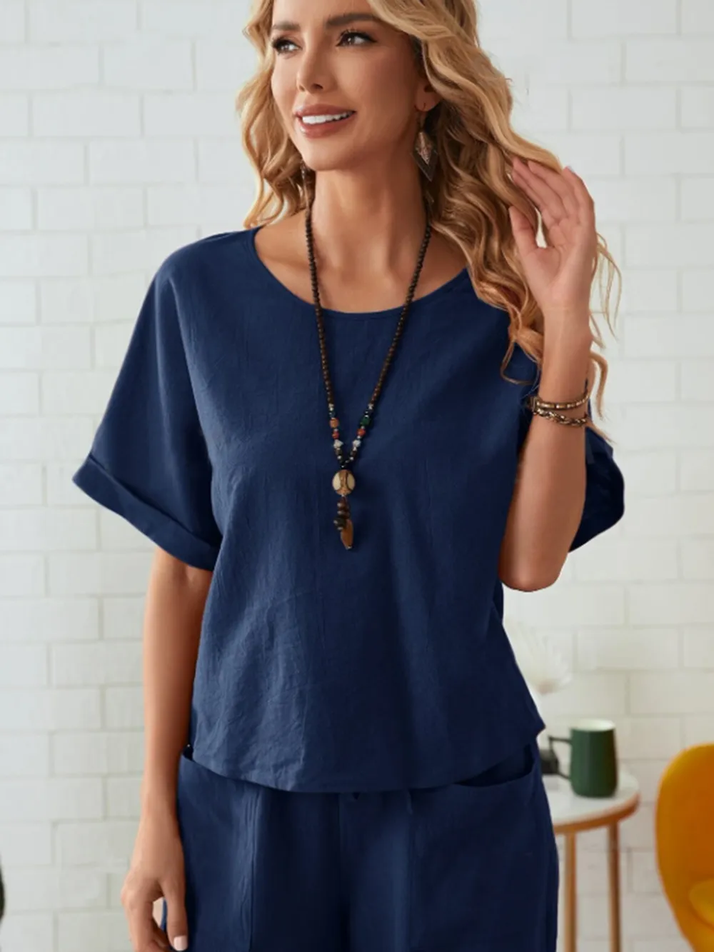 Round Neck Half Sleeve Top and Pocketed Pants Set, image 3