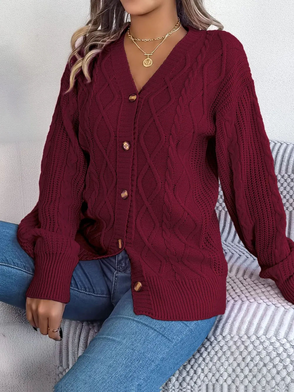 Cable-Knit Long Sleeve Cardigan, image 11