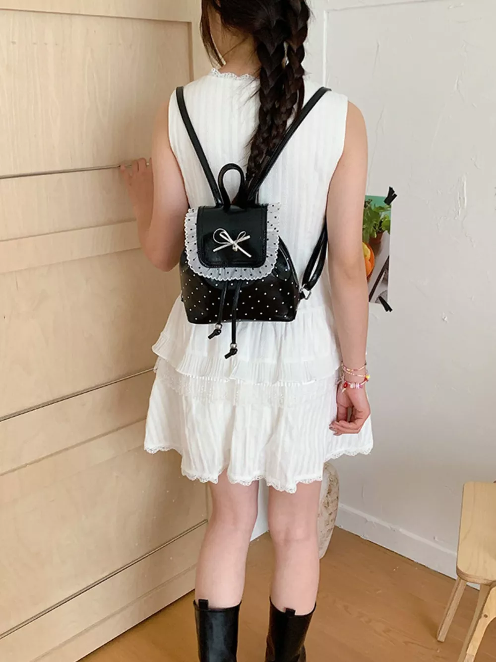 Polka Dot Lace Trim Bowknot Mini Backpack Bag, image 2