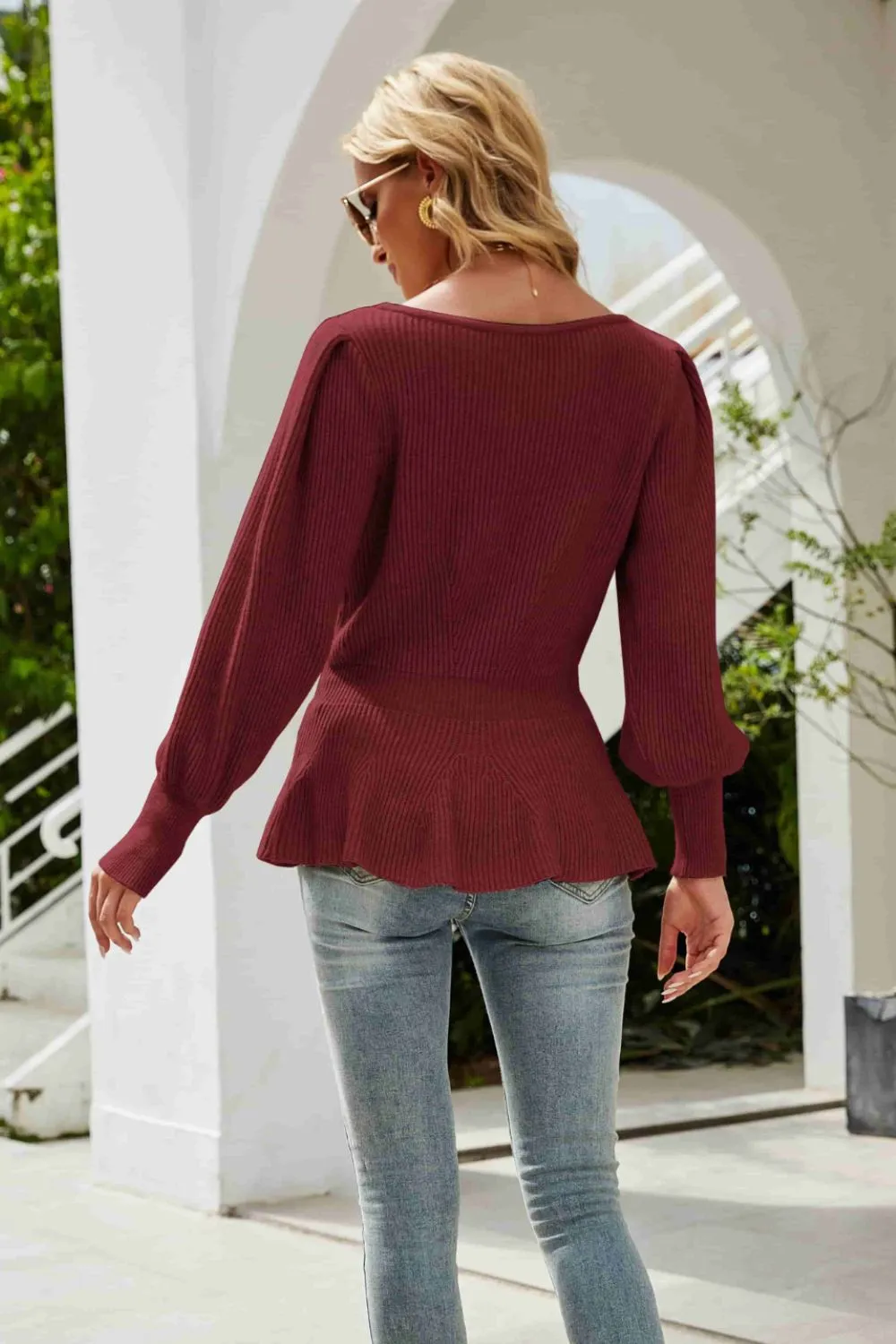 Ribbed Round Neck Lantern Sleeve Sweater, image 2