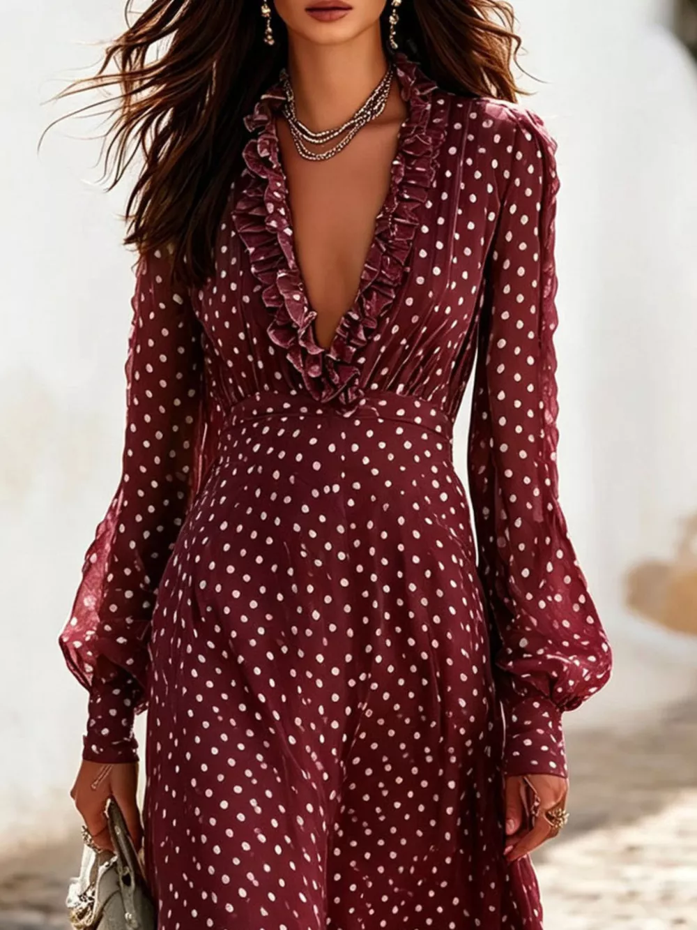 Full Size Polka Dot Ruffle V-Neck Maxi Dress Plus Size, image 17