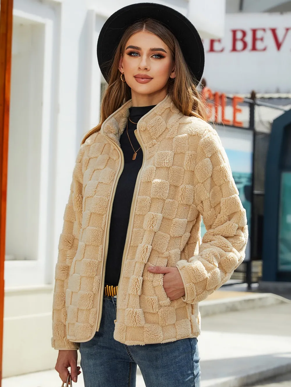 Fuzzy Checkered Zip Up Jacket, image 3