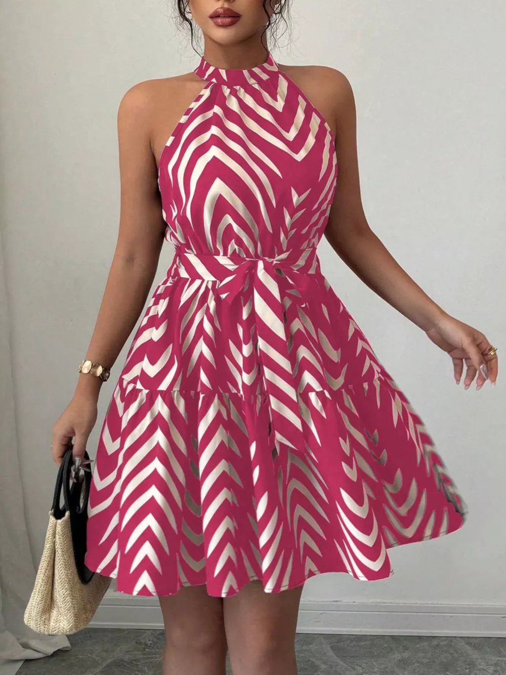 Zebra Print Halter Neck Tie Waist Ruffle Hem Dress, image 8