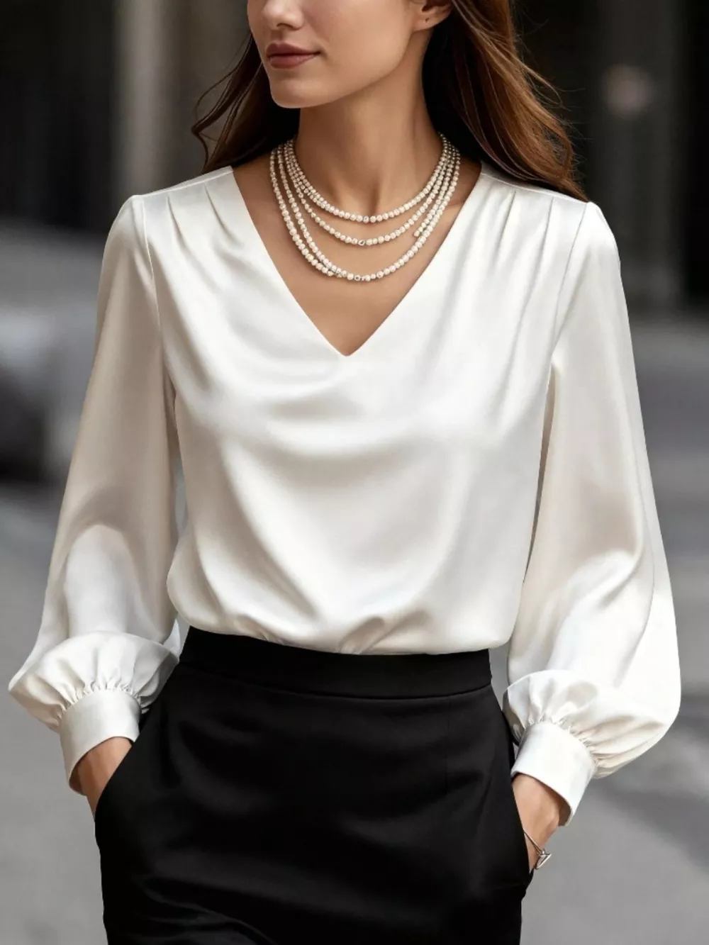 Satin V-Neck Long Sleeve Blouse, image 7