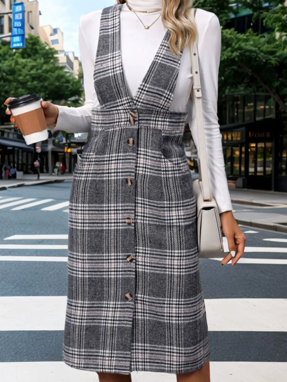 Pocketed Plaid Overall Dress, image 2
