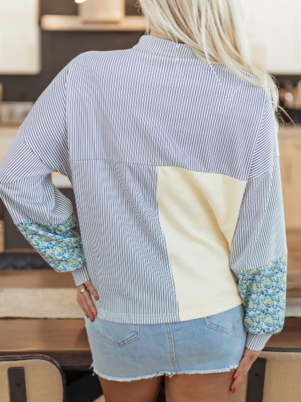 Floral Striped Drop Sleeve Collared Boxy Fit Sweatshirt, image 3
