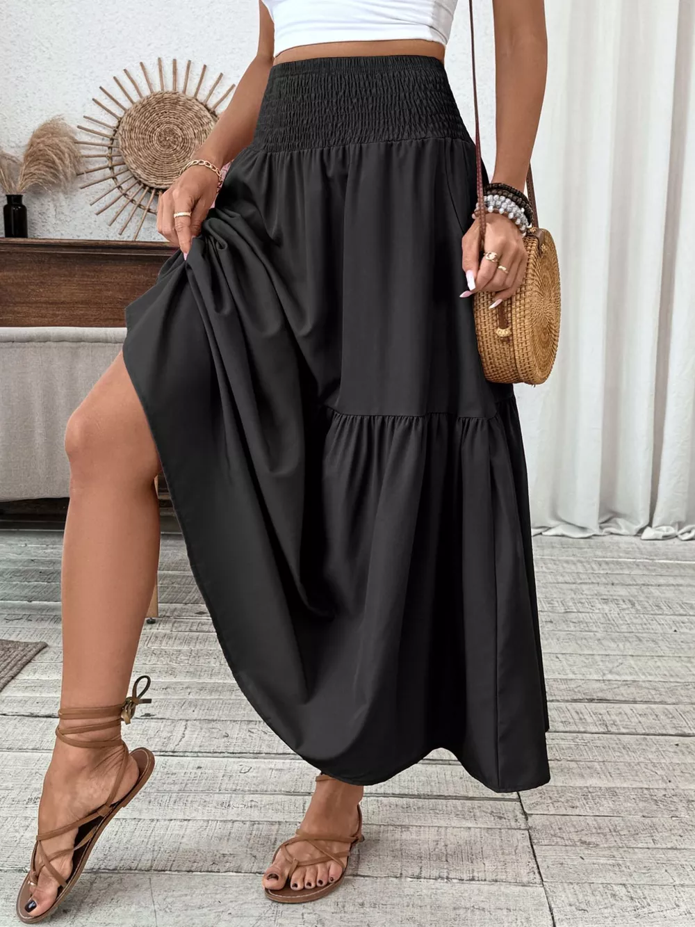 Smocked Waist Tiered Skirt, image 9