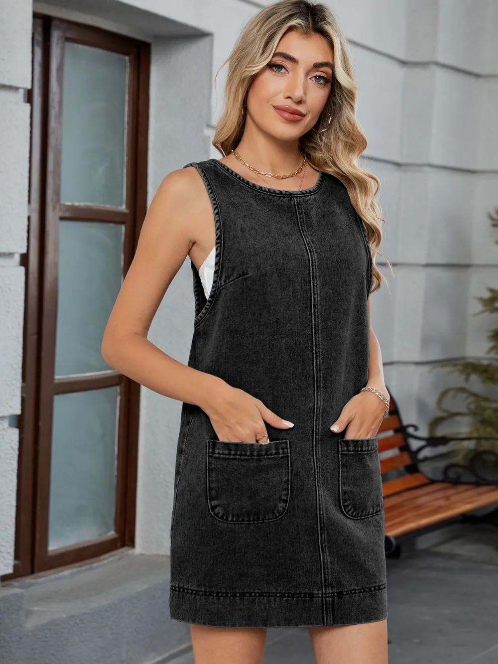 Round Neck Denim Overall Dress, image 7