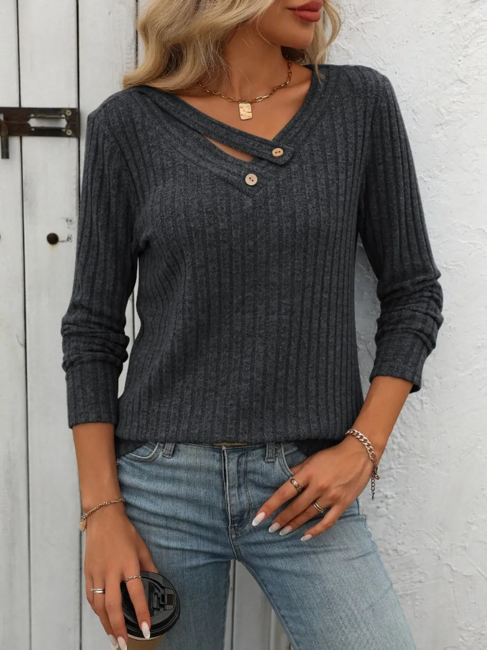 Ribbed V-Neck Long Sleeve T-Shirt, image 7