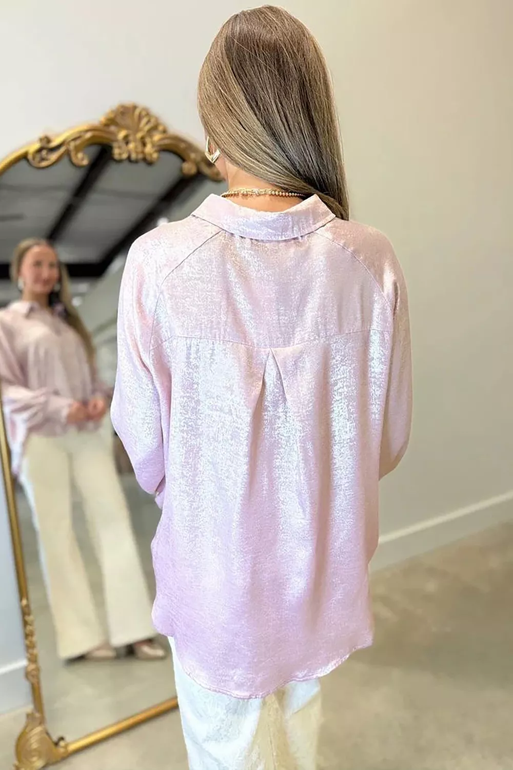 Long Sleeve Button Front Ruffle Cuffs Back Paneling Shirt, image 4