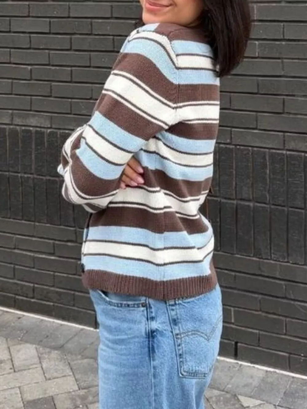 Striped V-Neck Button-Down Cardigan, image 7