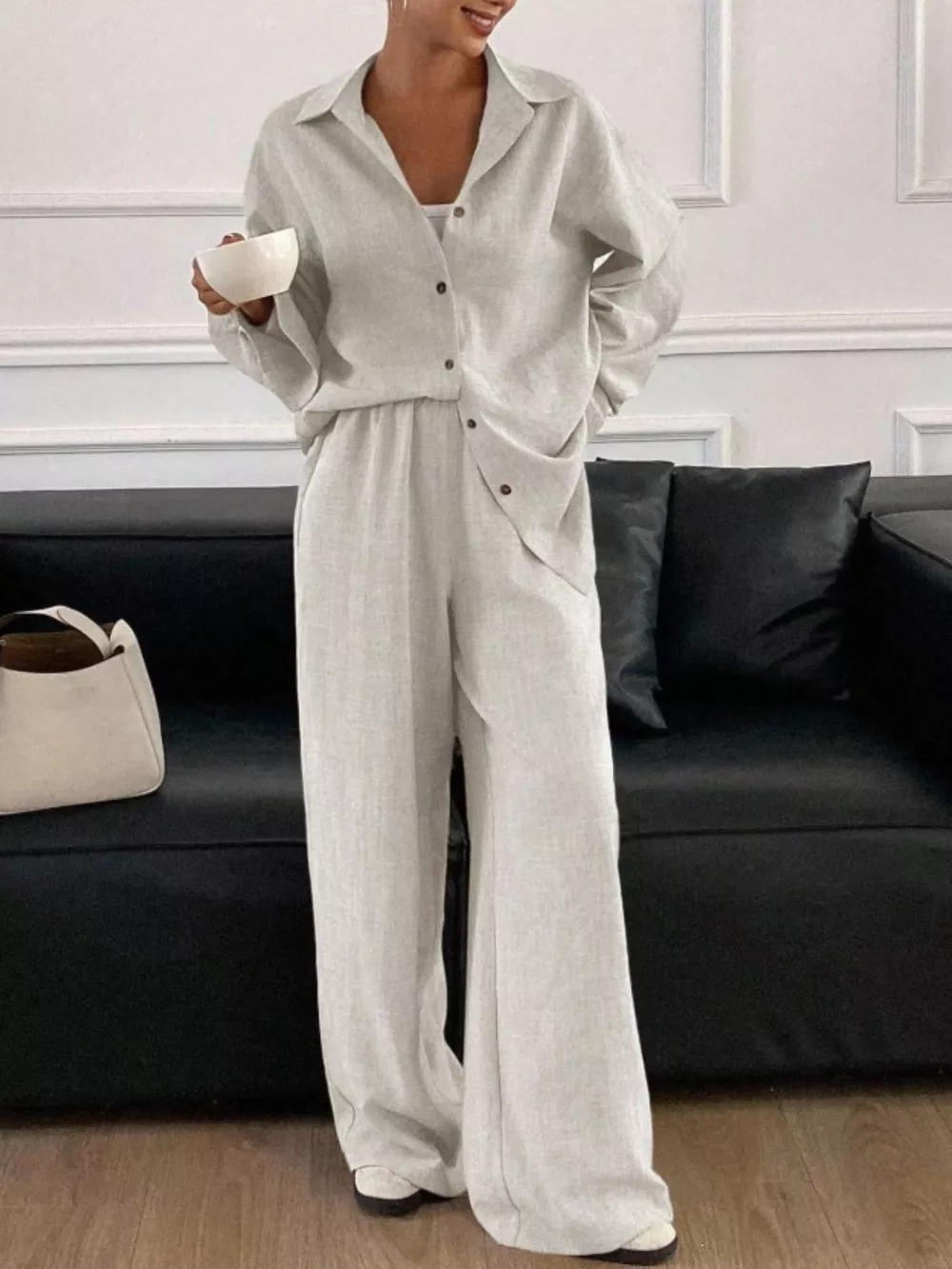 Button-Down Shirt and Wide-Leg Pants Set, image 3