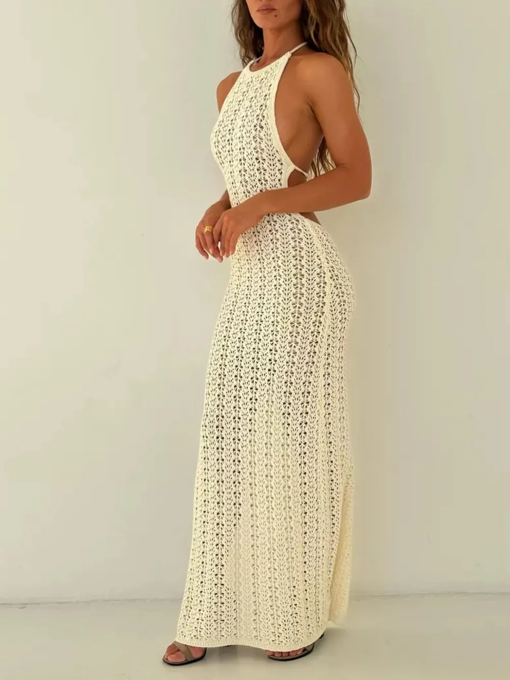 Crochet Halter Neck Bodycon Knit Cover Up Dress, image 7