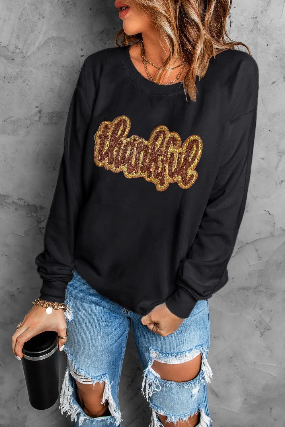 THANKFUL Round Neck Long Sleeve Sweatshirt, image 4