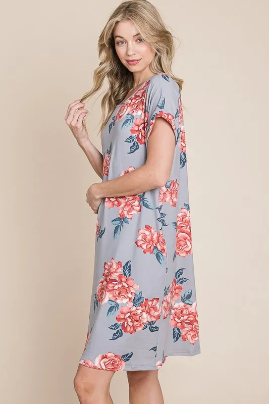 Floral Round Neck Short Tee Dress with Pockets, image 3