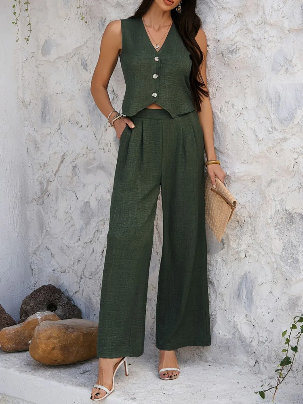 Button Down Vest and Wide Leg Pants Set, image 14