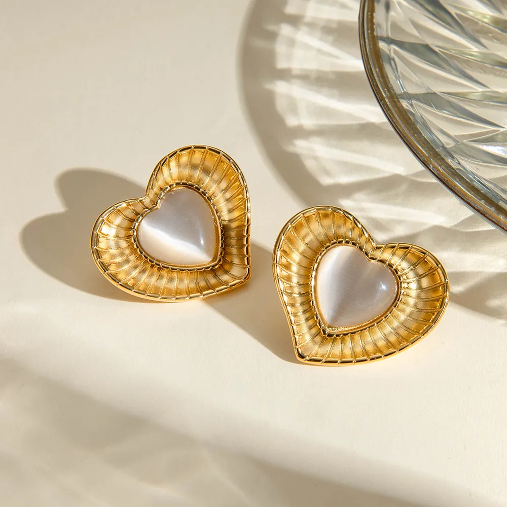 Stainless Steel Cat's Eye Stone Heart Earrings, image 3