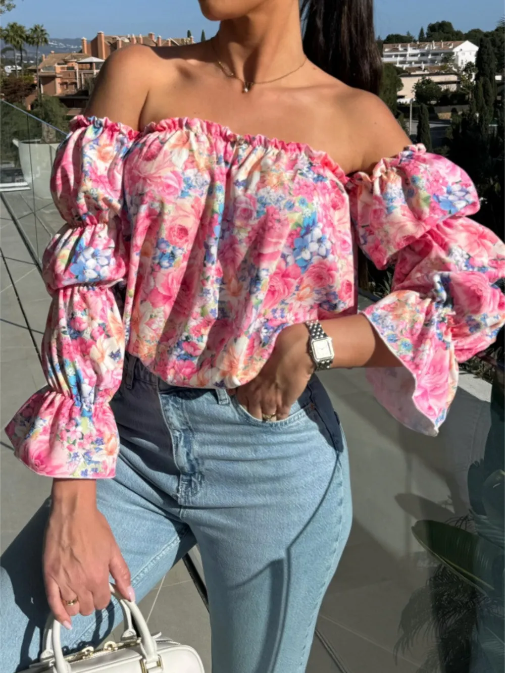 Printed Off-Shoulder Flounce Sleeve Blouse, image 4