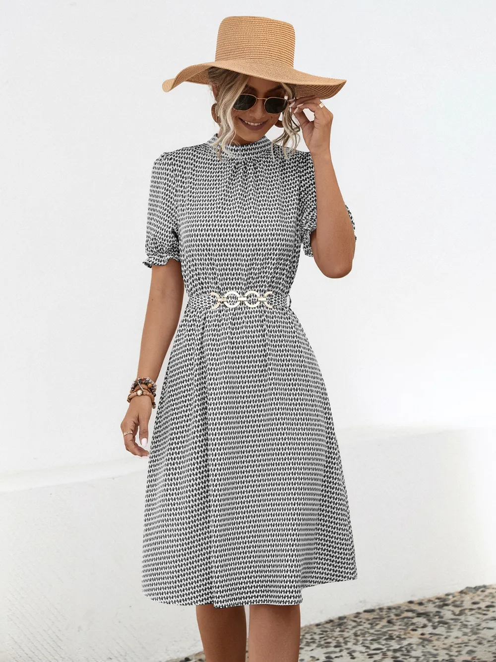 Printed Mock Neck Flounce Sleeve Dress, image 7