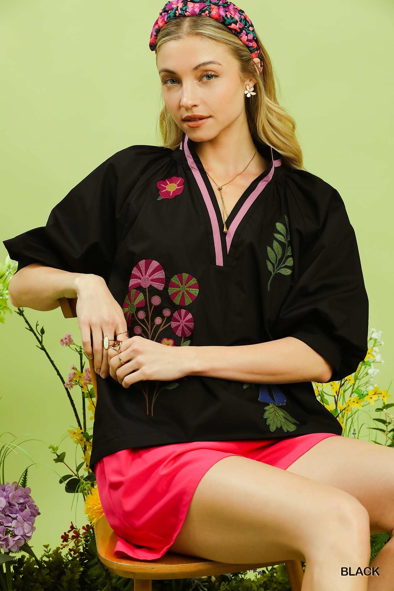 Embroidered Floral V-Neck Blouse, image 2