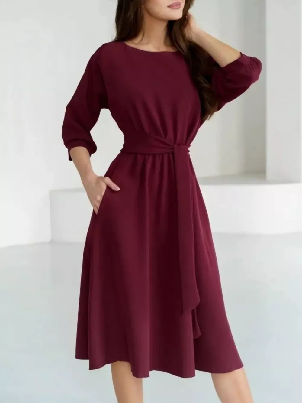 Elegant Belted Waist Midi Dress, image 9