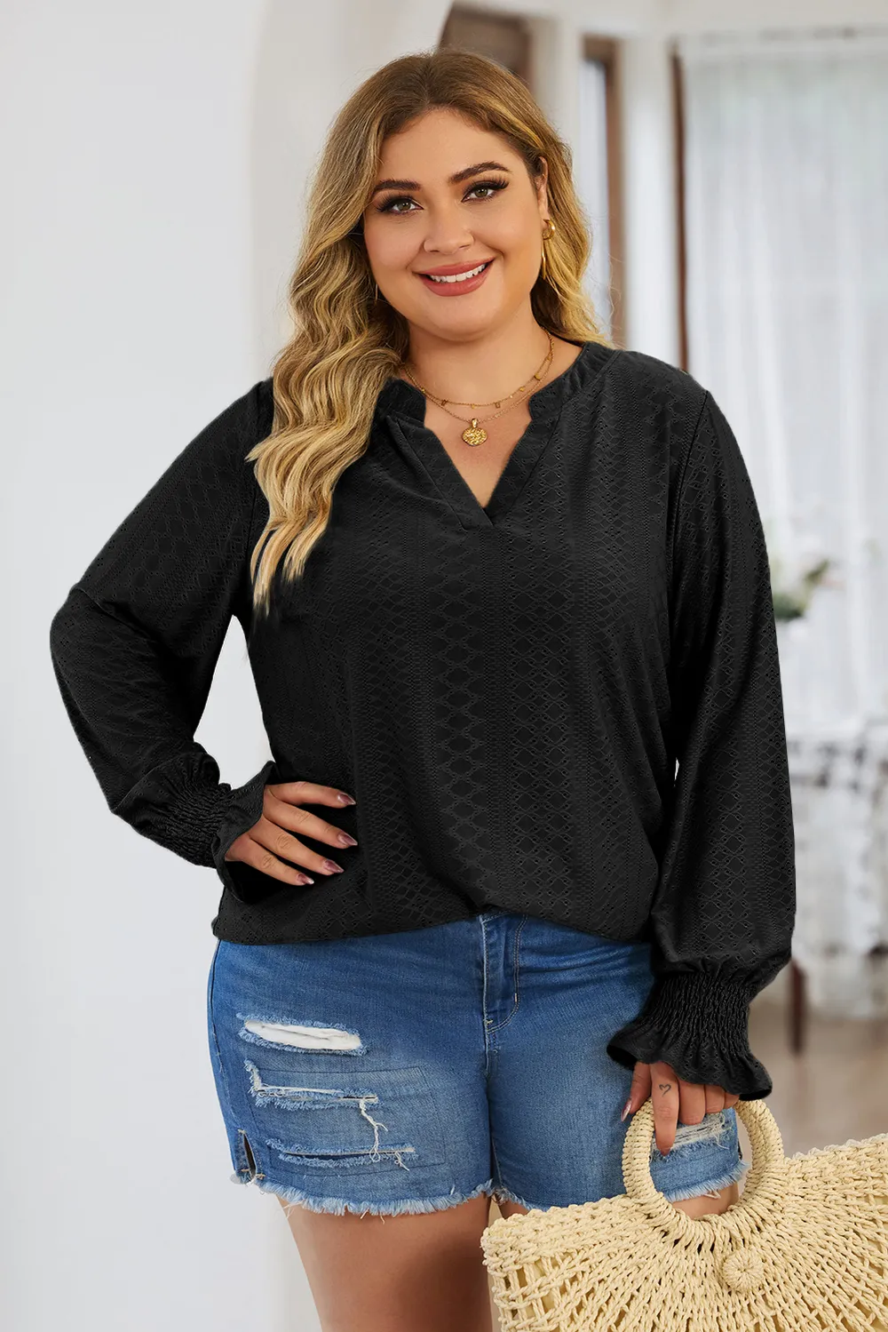 Plus Size Eyelet Notched Flounce Sleeve Blouse, image 2