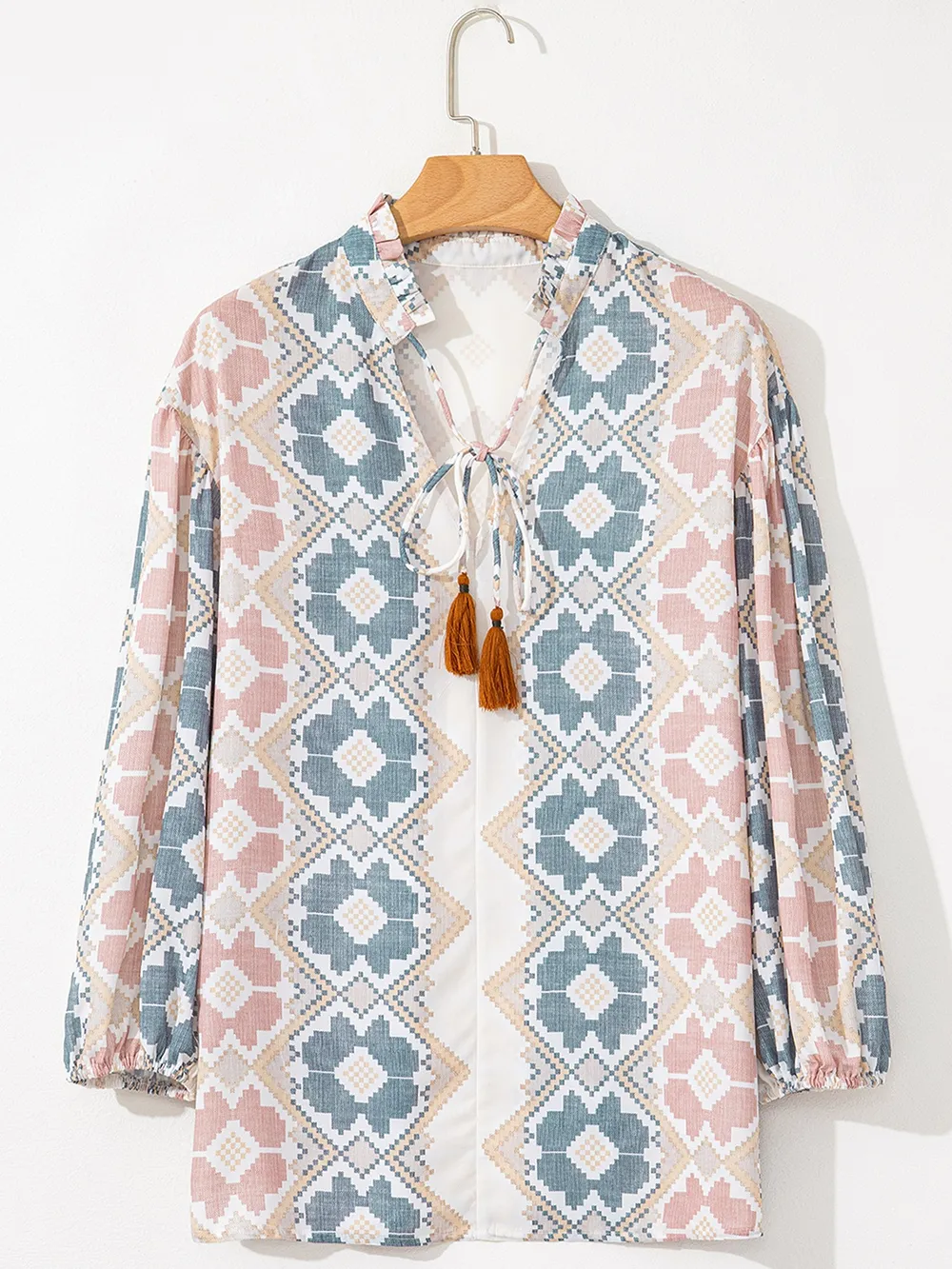 Bohemian Geometric Print Blouse with Tassel Tie, image 6