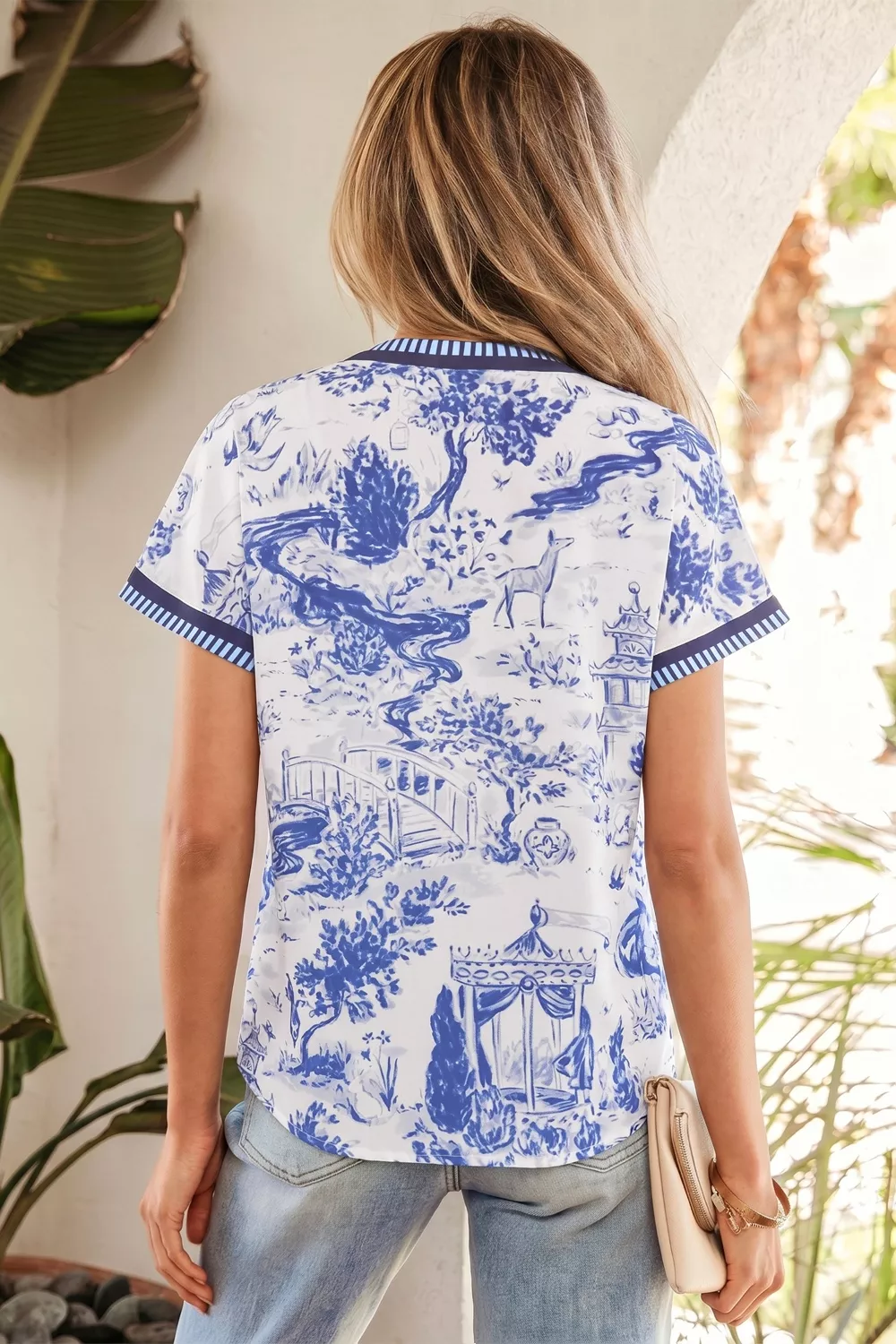 Printed Striped Trim V-Neck Blouse, image 2