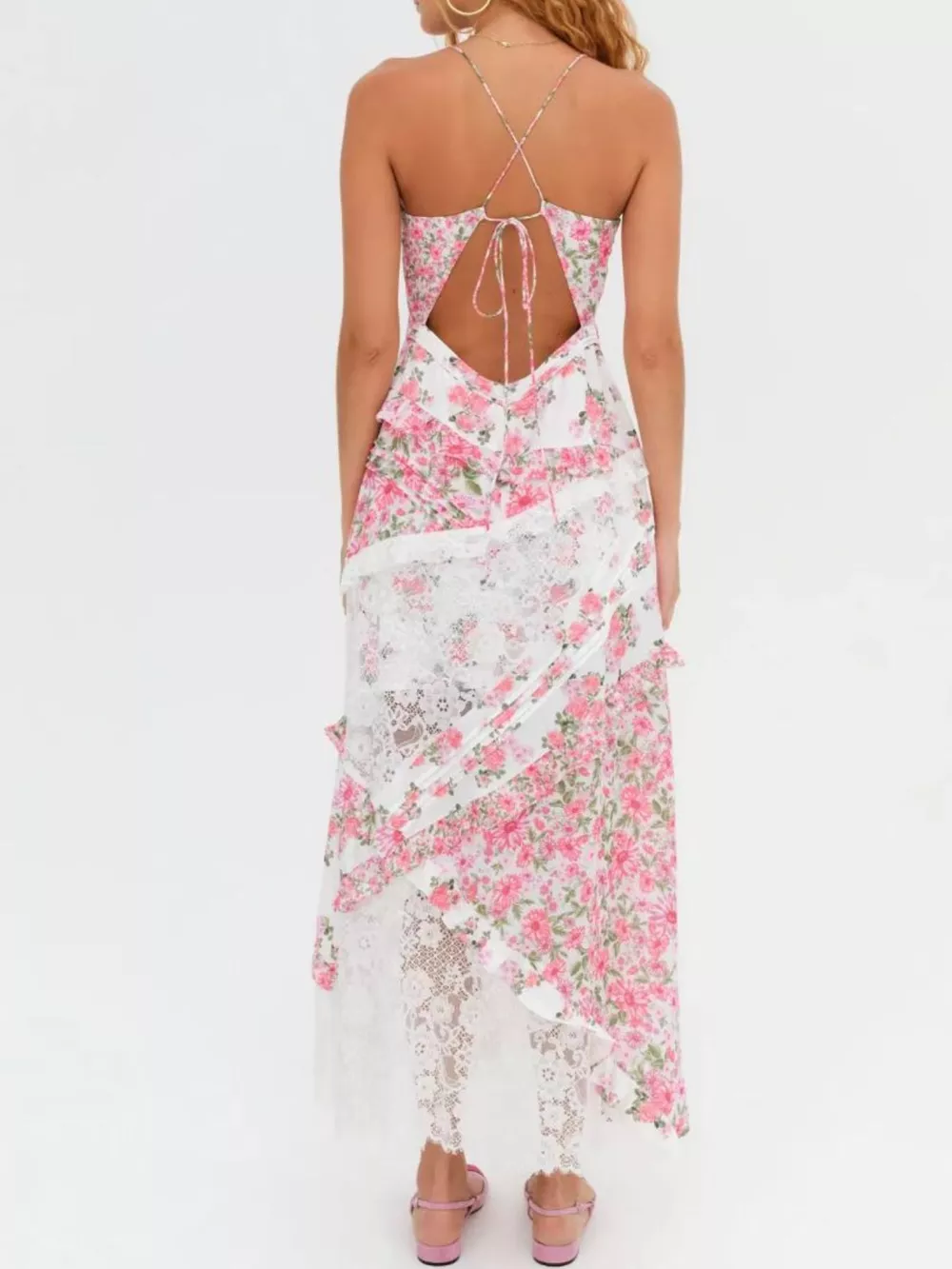 Lace Floral Print Ruffle Trim Maxi Dress, image 14