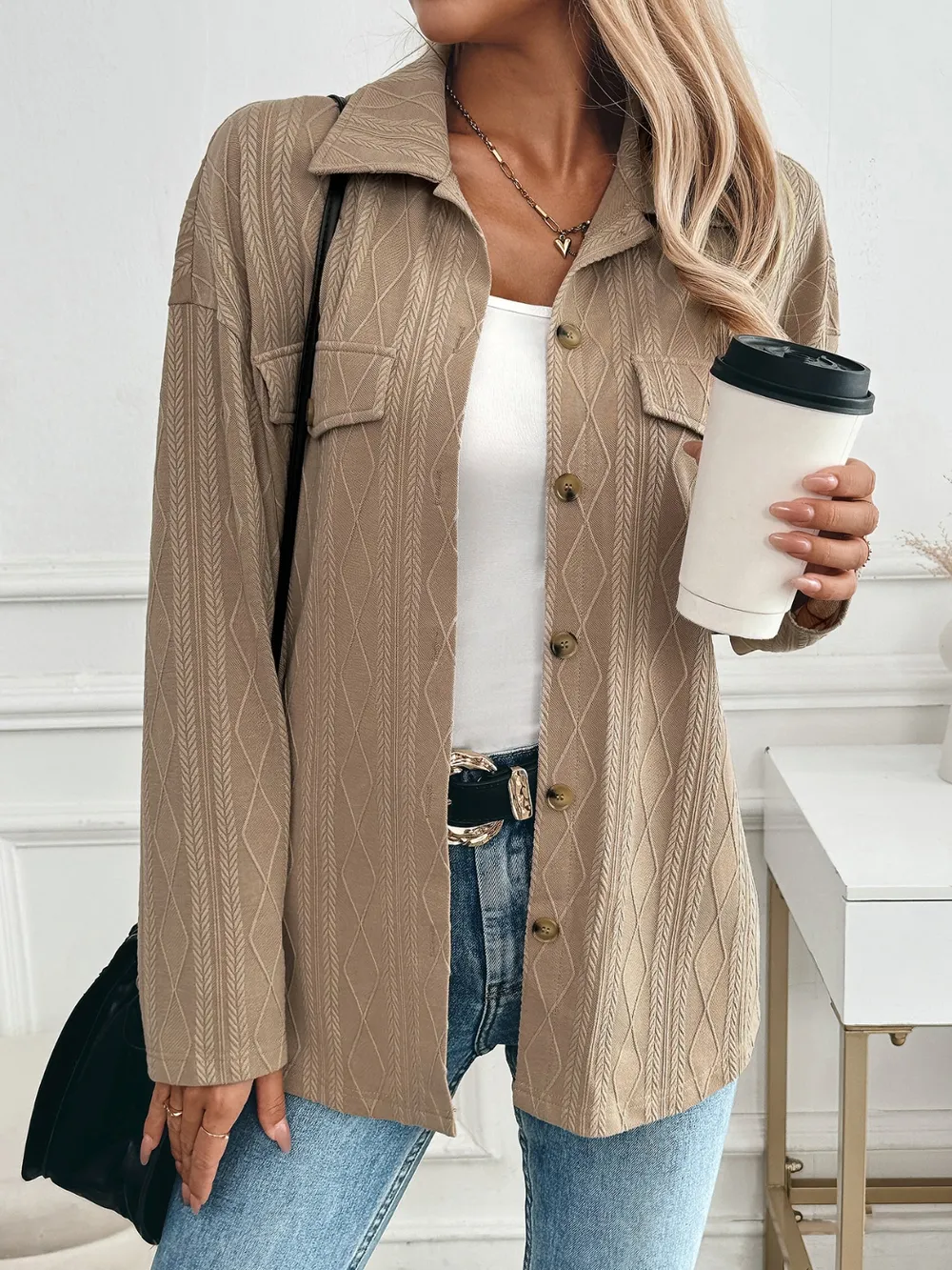 Textured Collared Neck Button Down Shacket, image 3