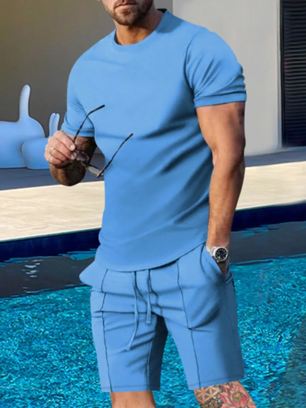 Men's Plus Size Round Neck Short Sleeve Top and Shorts Set, image 3