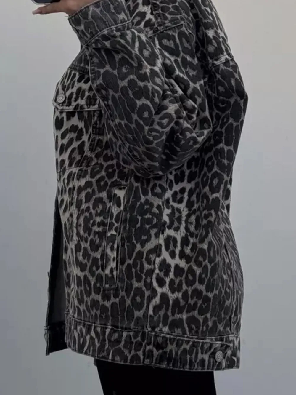 Leopard Button Up Long Sleeve Denim Top, image 3