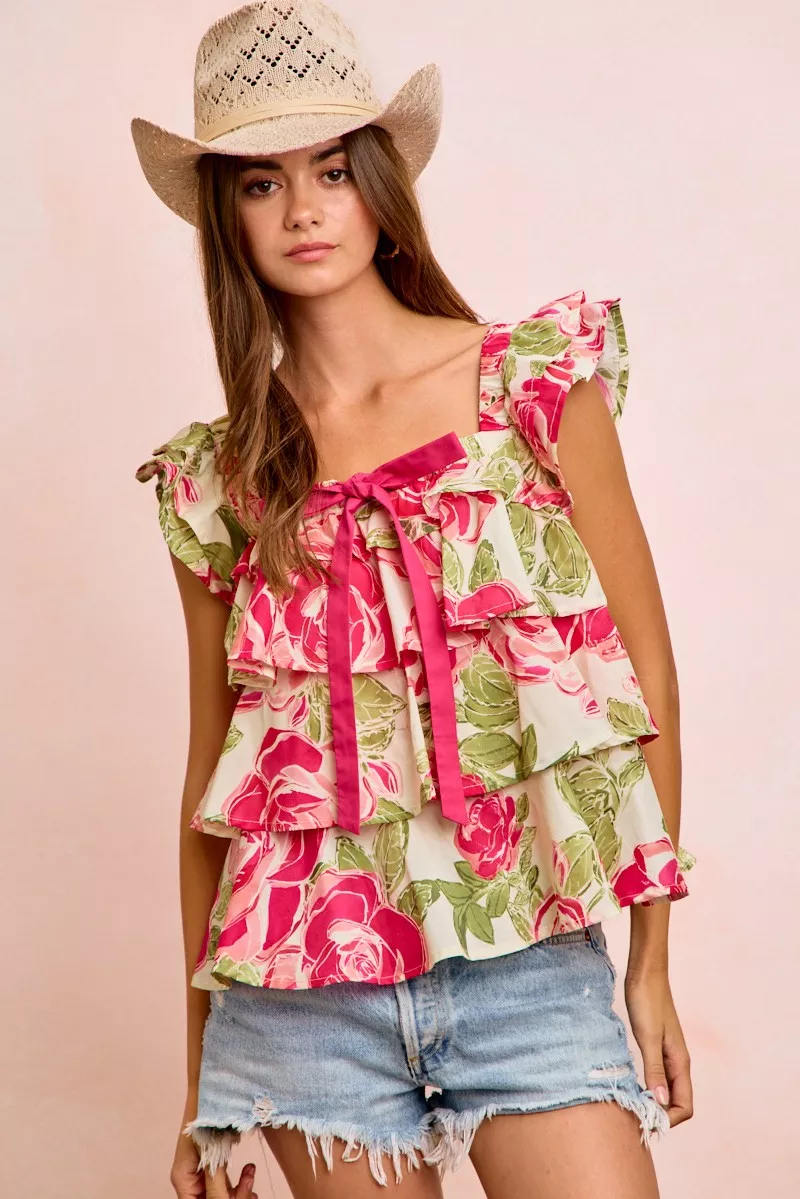 Floral Print Woven Bow Tie Ruffle Square Neck Top, image 5