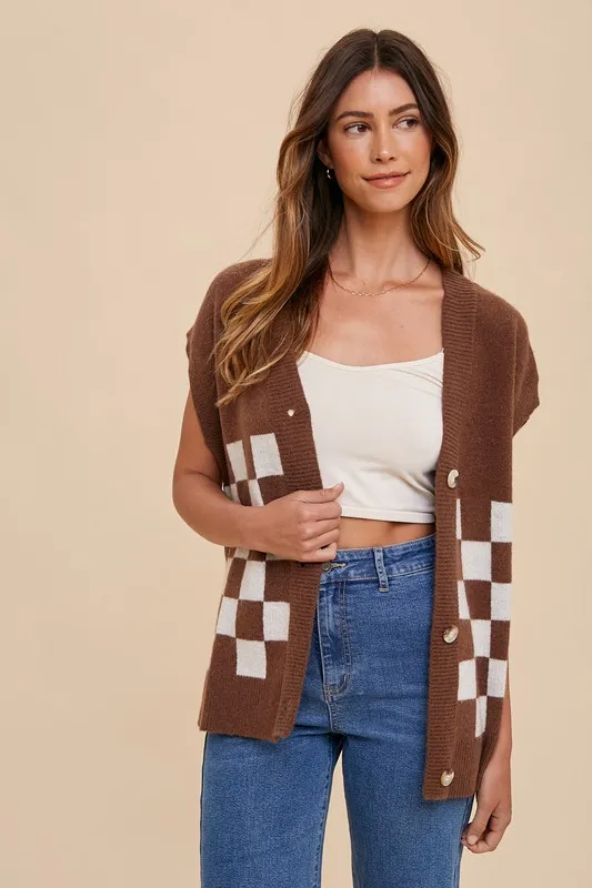 Checkered Button Down Short Sleeve Cardigan, image 4