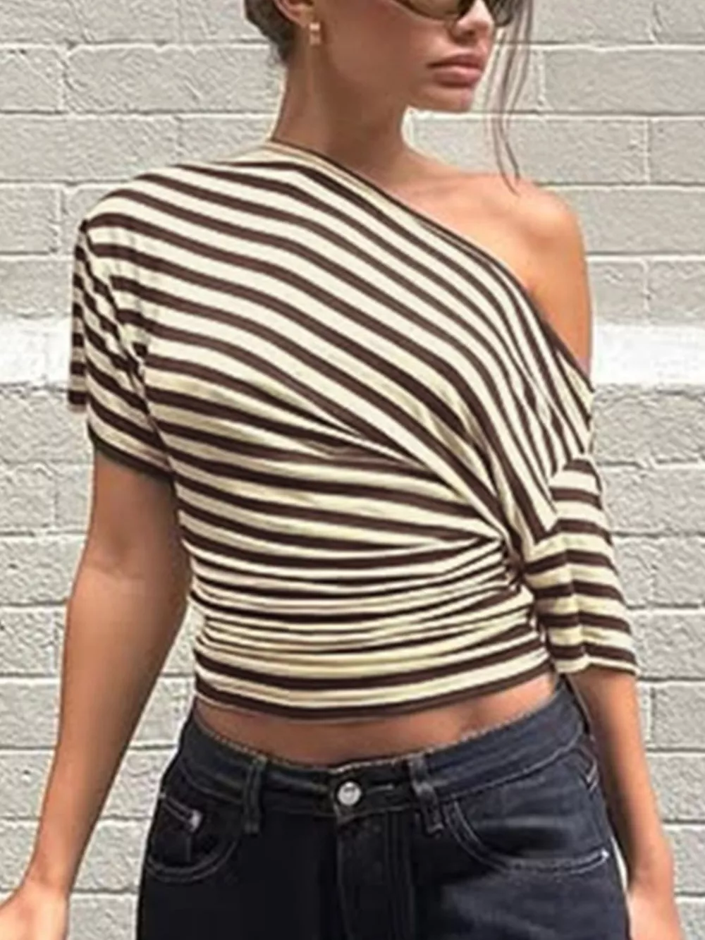 Striped One-Shoulder T-Shirt, image 2