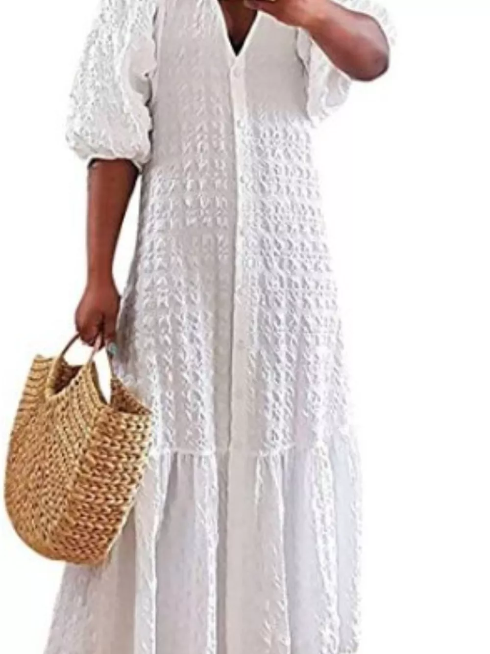 Full Size Elegant Puff Sleeve Textured Maxi Dress Plus Size, image 2
