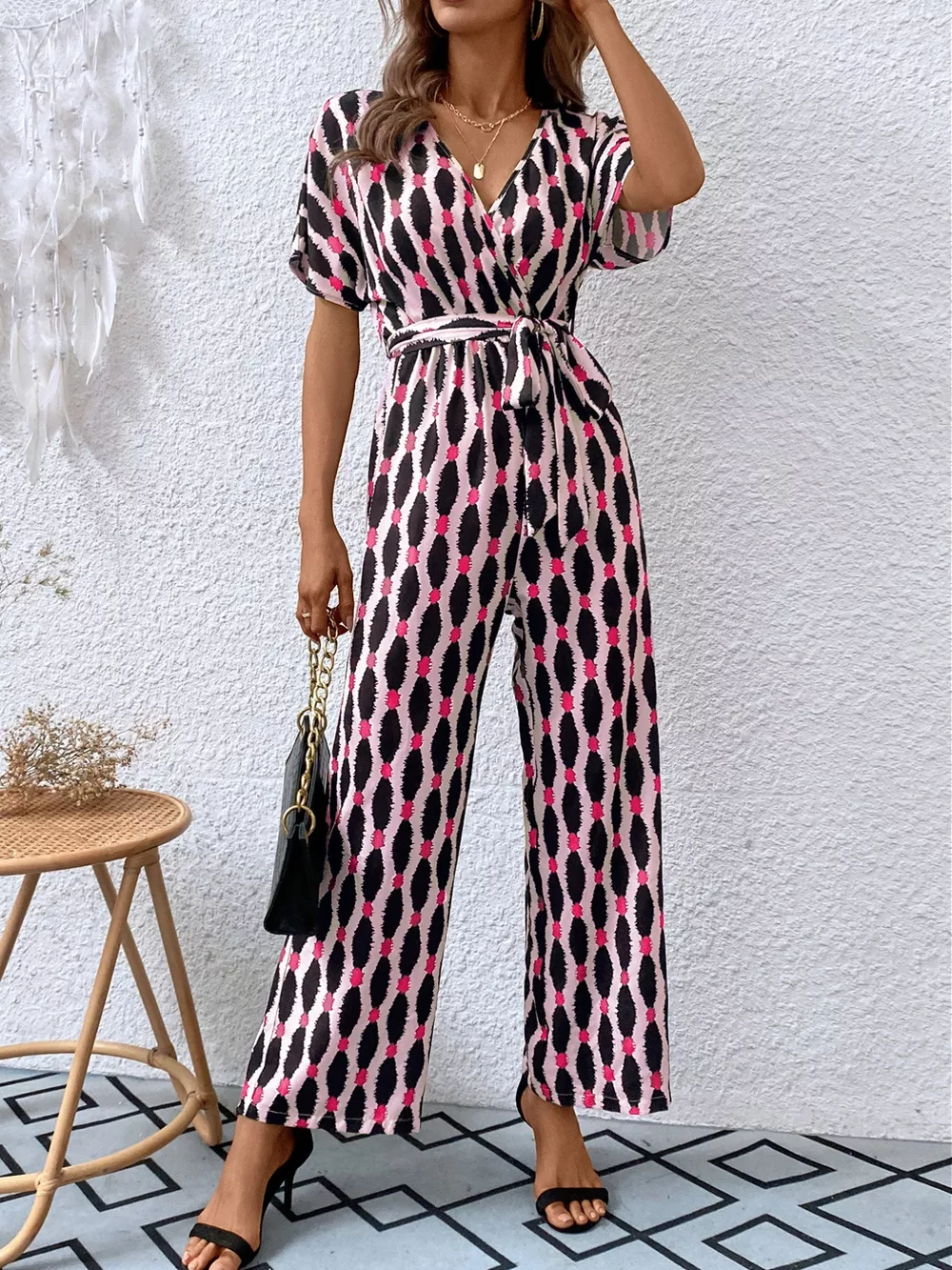 Printed Surplice Tie Waist Short Sleeve Jumpsuit, image 14
