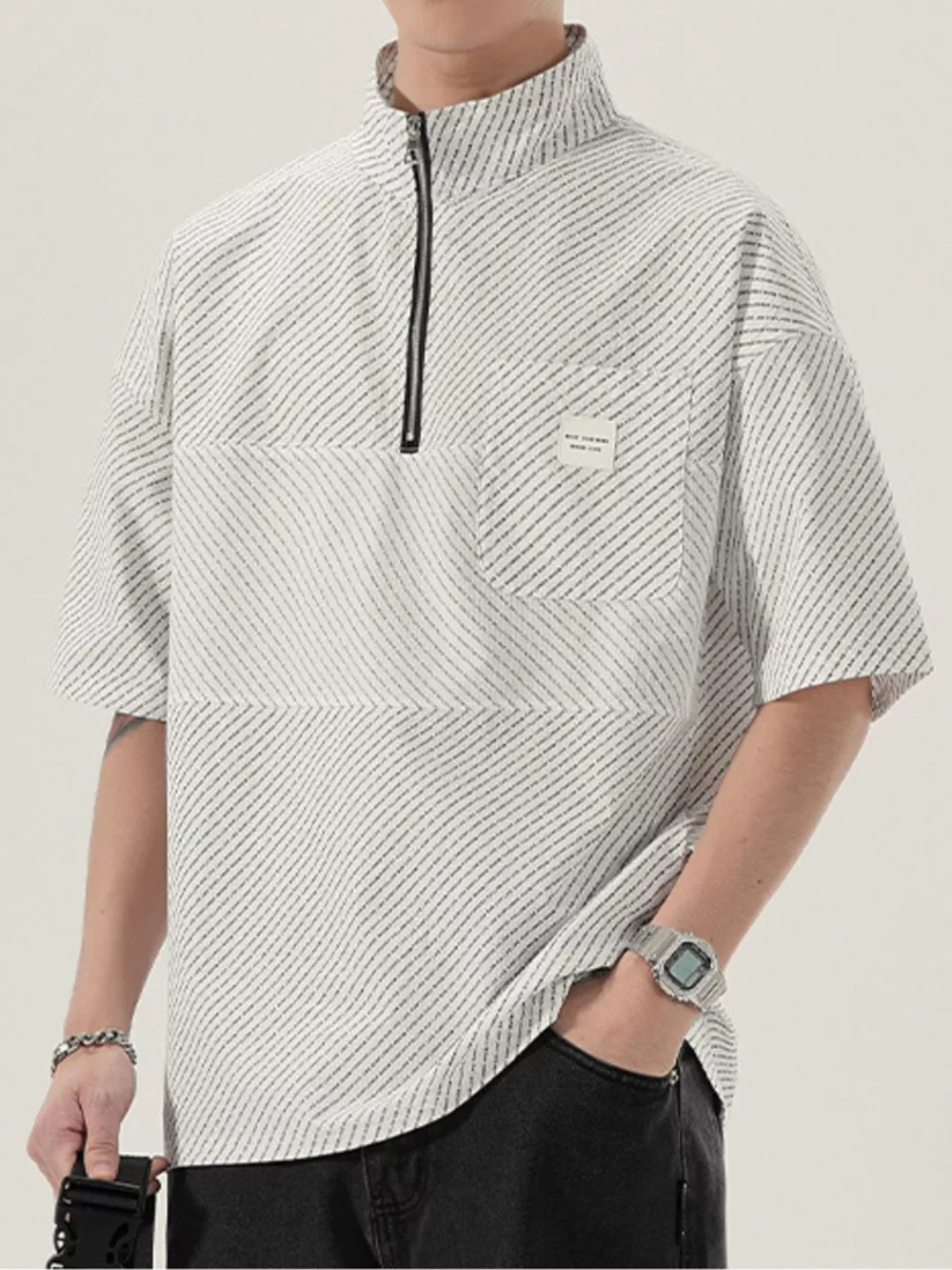 Men's Full Size Half-Zip Textured Oversized T-Shirt Plus Size, image 7