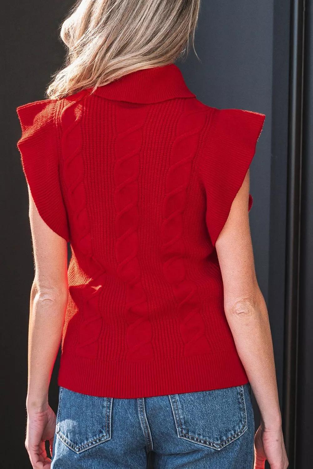 Cable Knit Turtleneck Ruffled Short Sleeve Sweater, image 3