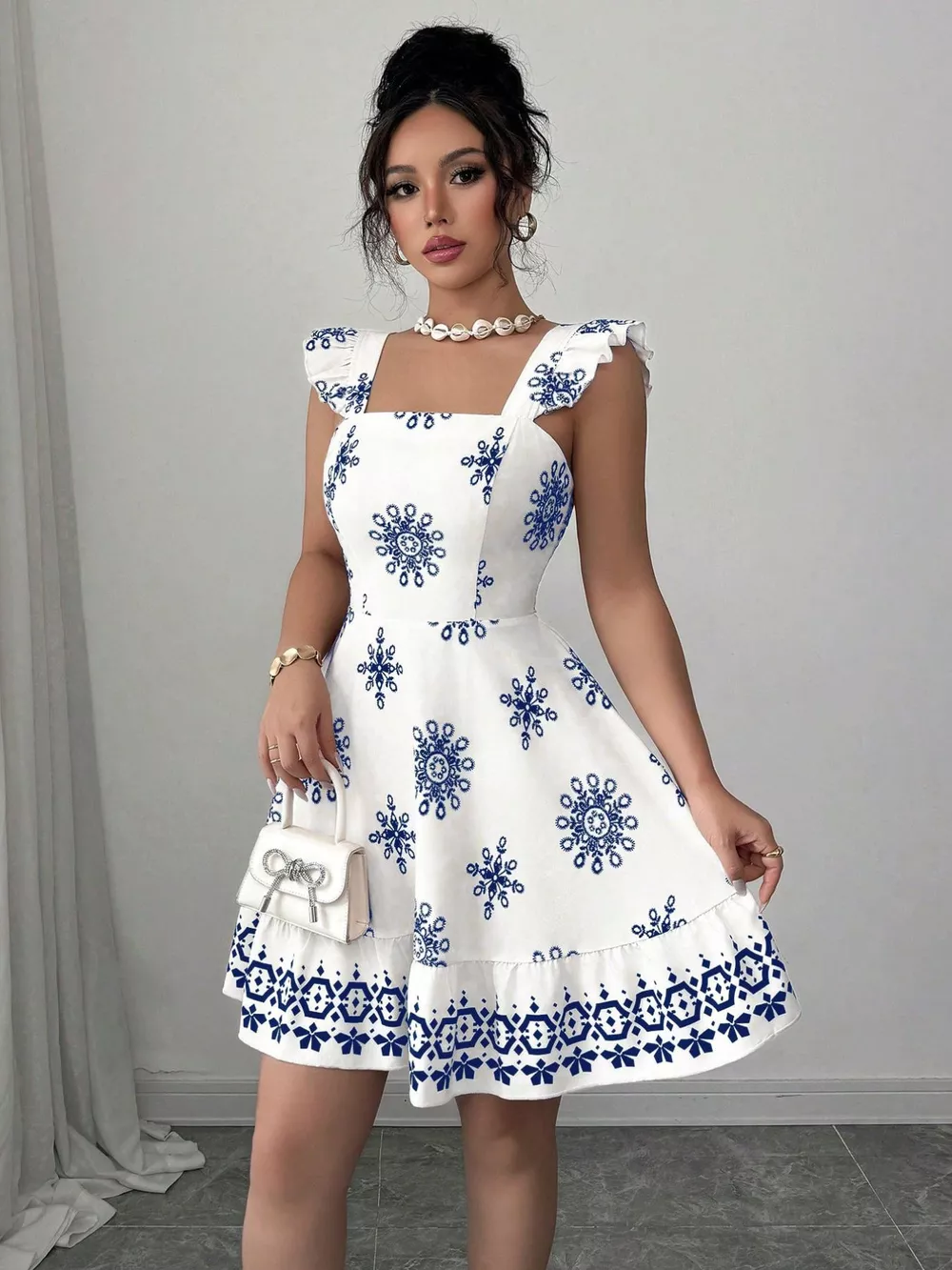 Printed Bow Back Square Neck Mini Dress, image 8