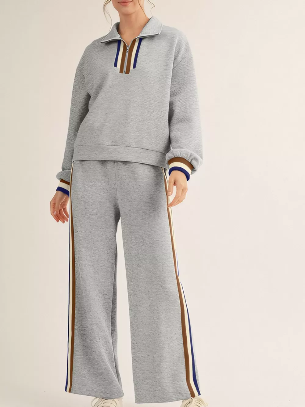 Casual Striped Trim Top and Pants Set