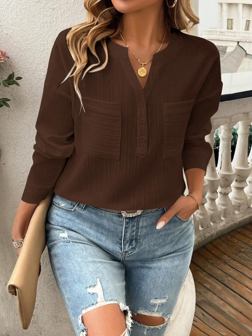Pocketed Notched Long Sleeve Blouse, image 13