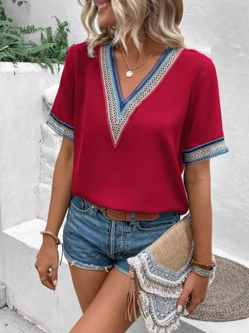 Full Size V-Neck Short Sleeve Blouse, image 11