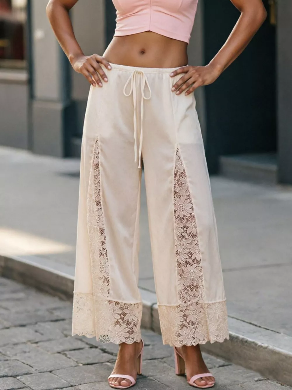 Lace Trim Wide-Leg Cropped Pants, image 12