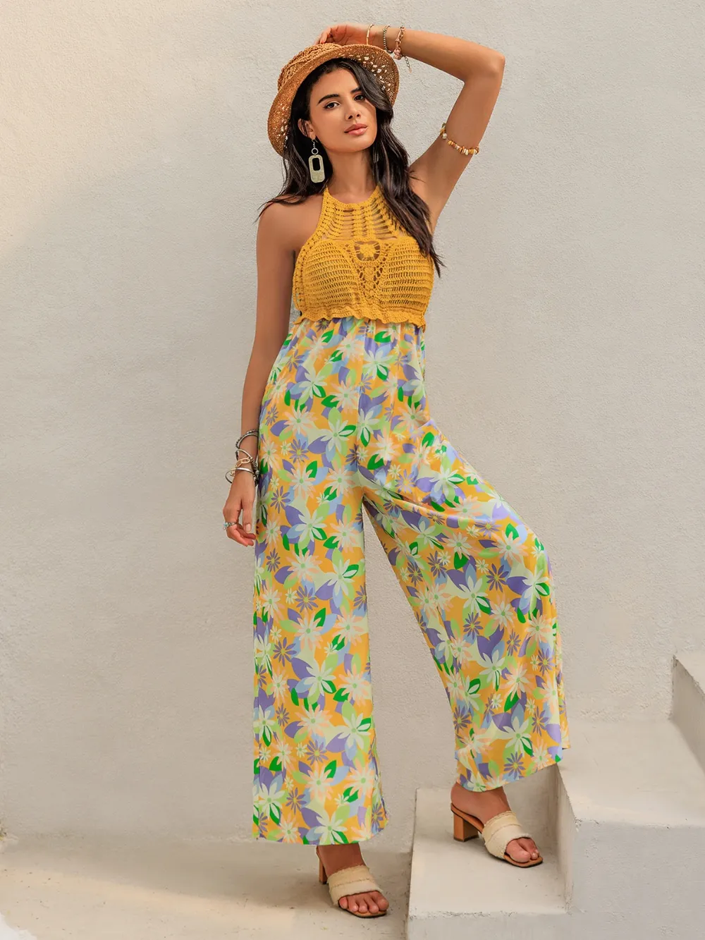 Openwork Halter Neck Floral Wide Leg Jumpsuit, image 5